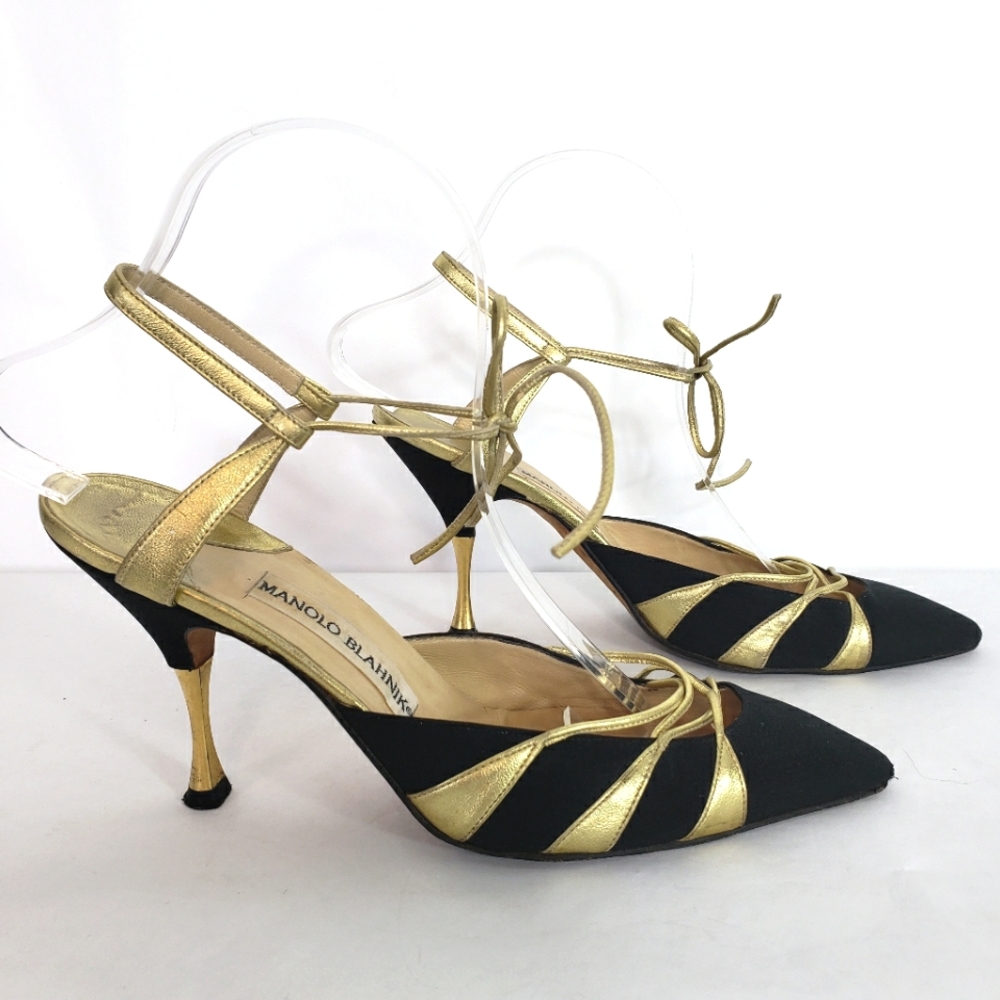 Manolo Blahnik gold leather and black pointed toe ankle strap tie pumps heels